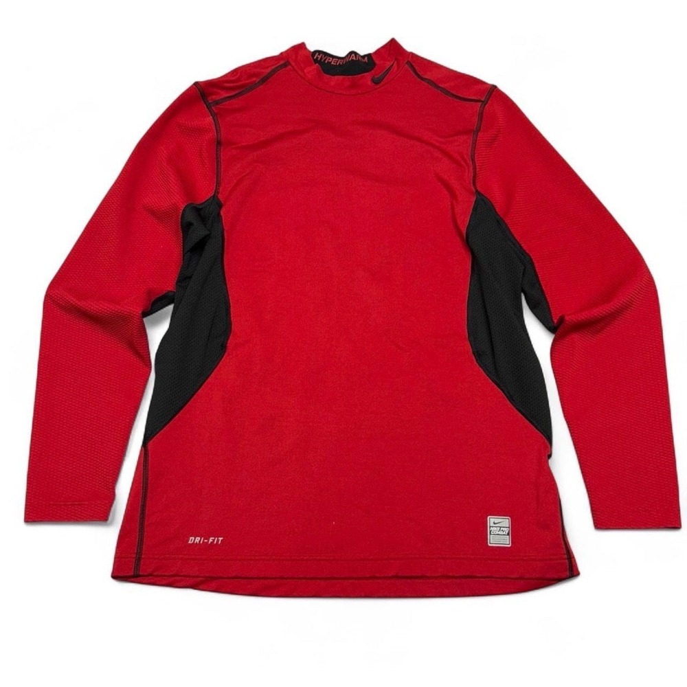 Nike Pro Combat Hyperwarm Mens Large Red Black Dri-FIT Mock Neck Shirt